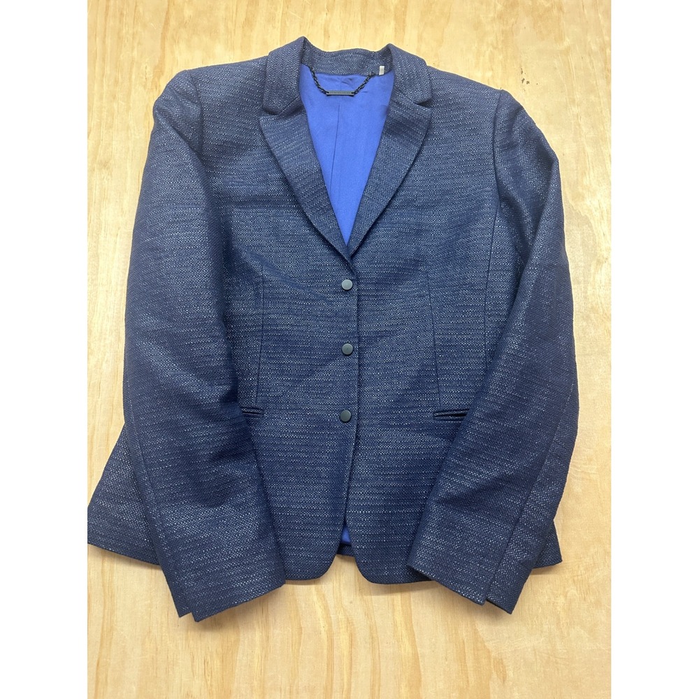 Elie Tahari Womens Navy Blue Textured Tweed Snap Front Blazer Jacket Size 10